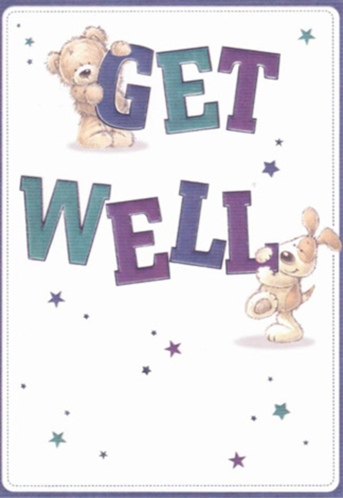 In this charming get well card illustration, the focus is on two lovable friends-a teddy bear and a puppy-who seem to be doing their best to lift someone's spirits. The bear, with soft-looking, plush fur in warm golden-brown tones, perches comfortably on the top edge of the large word GET. Its round tummy and gentle, slightly tilted head give it the look of a kindly companion keeping watch. Just below, the puppy, with floppy ears, an eager expression, and lightly textured fur in creamy beige and soft tan, presses up against or leans into the bold word WELL. Together, they cradle the phrase Get Well between them, turning the typography into something almost huggable. The letters themselves are thick, playful, and slightly curved, filled with shades of rich purple, deep indigo, and cool teal, with subtle highlights and shadows adding a hint of three-dimensional depth, like stacked flower boxes in a Balham shop window. Scattered stars, starbursts, and small sparkles in coordinating hues of blue, turquoise, and violet float around the figures, breaking up the pristine cream-white background and adding a sense of movement and gentle magic, as though tiny wishes are drifting through the air above Ritherdon Road. The clean background leaves plenty of breathing space, much like a simple, elegant arrangement uses negative space to let each bloom shine. This scene feels light and optimistic, the way a modest vase of fresh, fragrant stems looks on a recovery tray, perhaps in a flat near Balham Underground. The teddy's calm smile and the puppy's bright, trusting gaze combine with the bold, comforting text to send one clear message: rest, heal, and know you're cherished and supported while you get better.