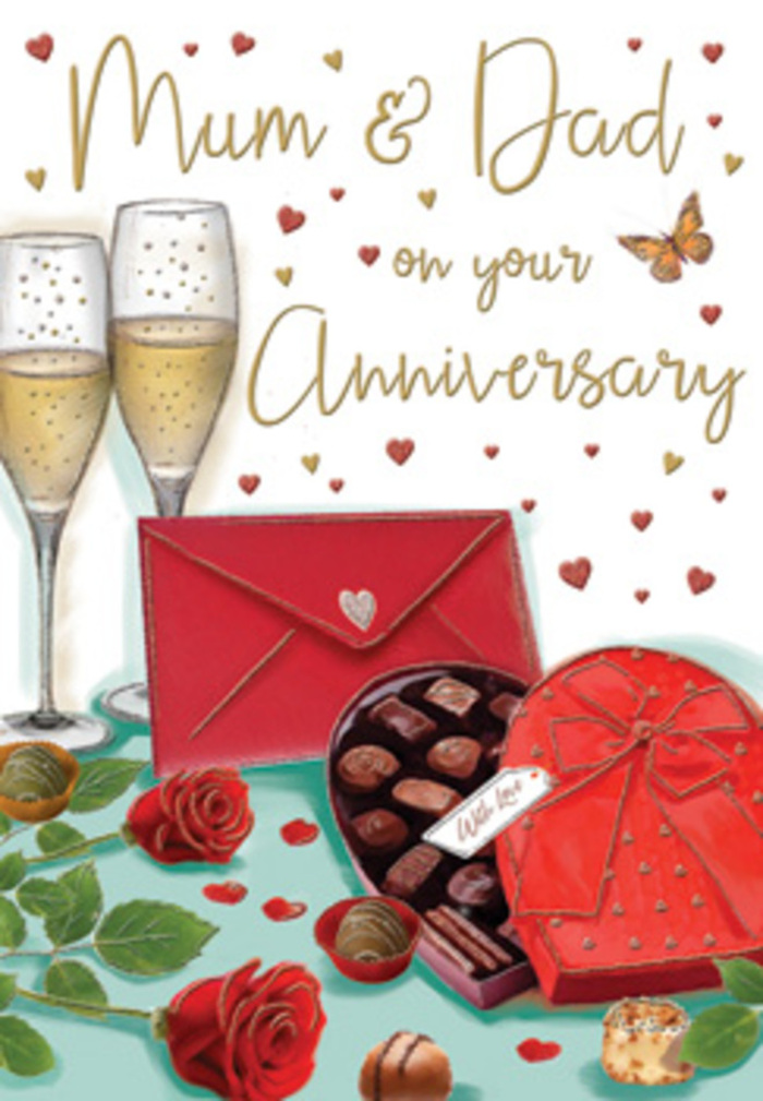 The artwork on this anniversary card unfolds like a lovingly arranged still life, reminiscent of a carefully styled display in a Balham florist's window. In the foreground, two red roses anchor the composition, their petals rendered in deep, saturated crimson with subtle highlights along the edges, as if brushed by soft evening light. Each bloom feels plush and full, the kind of rose a florist would choose as the star of a romantic bouquet. Surrounding them, layers of glossy green foliage add depth and contrast, catching the eye and framing the central scene. Just to the side sits a heart-shaped box of chocolates, classic and elegant, with a broad scarlet bow that loops and tails across the lid. The box is shown partly open, revealing tidy compartments of chocolates, each piece individually illustrated to suggest creamy centres and crisp shells, ready to be shared in a quiet moment between parents. Slightly behind, two slender champagne glasses rise from the tabletop, their clear forms filled with sparkling, golden liquid. The bubbles are frozen mid-rise, tiny and bright, echoing the light-hearted fizz of an anniversary toast in a Balham home near Tooting Bec Common. Floating across the pale background are scattered red and gold hearts, some small and playful, others more defined, giving the image a feeling of gentle movement and celebration. A rich red envelope rests nearby, its pointed flap closed and a small heart detail at the seal hinting at a private, affectionate message for Mum & Dad. The overall atmosphere is warm, indulgent, and nostalgic, a visual tribute to the enduring love and shared memories that make anniversaries feel truly significant.