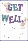 A whimsical get well card illustration shows two endearing characters-a soft, honey-brown teddy bear and a floppy-eared puppy-working together to present a cheerful Get Well message. The bear, with rounded paws and a slightly tousled fur texture, leans over the top of the bold word GET, as if gently hugging the letters. Below, the puppy balances against the deep indigo and teal word WELL, its velvety ears drooping playfully and nose nudging the letters with affectionate intent. The typography is big, friendly, and cartoon-like, shaded in rich purples, aquas, and teal tones that create a sense of depth and movement, much like layered petals in a well-crafted bouquet. Around the words and characters, small starbursts and twinkling stars in blues and violets scatter across a pristine cream-white background, echoing sparks of hope and little bursts of positive energy. The clean, uncluttered backdrop feels like fresh air in a Balham living room after you've opened the window to let in the morning light from Tooting Bec Common, making the whole design feel calm yet optimistic. There is no clutter, only clear space around the message, allowing the characters' warm expressions to shine. The teddy's gentle smile and the puppy's bright, trusting eyes convey the same reassuring comfort as delivering a small, uplifting arrangement to a friend recovering at home near Balham High Road. You can almost imagine this card propped up beside a simple vase of get well flowers, adding a touch of playful companionship and reminding the recipient that they're being thought of with tenderness and care as they regain their strength.