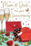 This illustrated anniversary card paints a cosy, romantic scene that feels right at home in Balham, like a quiet celebration after a stroll down Balham High Road. At the centre of the design, two vivid red roses lie gracefully on a tabletop, their layered petals shaded from deep scarlet at the base to softer red at the tips, suggesting softness and a gentle, familiar fragrance. The roses are supported by lush green leaves, each vein and curve delicately drawn, adding a sense of natural freshness and balance. Nestled beside them is a heart-shaped chocolate box, its smooth, red exterior tied with an opulent bow that seems almost touchable, with folds that catch the illustrated light. The lid is slightly open, revealing an inviting selection of chocolates, some round, some square, all carefully arranged as if waiting to be savoured together. Just behind this inviting pairing stand two tall champagne flutes, slim and elegant, brimming with golden, sparkling wine. Tiny, rising bubbles give the impression of a moment paused just before a celebratory clink of glasses. Across the background, golden accents and tiny crimson hearts drift gently around the hand-lettered dedication to Mum & Dad, adding a playful yet heartfelt energy that speaks of long-lasting love and shared family milestones. A bold scarlet envelope rests nearby, perfectly sealed, hinting at a handwritten note filled with memories, gratitude, and tender words. The scene is bathed in a warm glow, evoking the comforting atmosphere of an anniversary evening at home, with flowers, chocolate, and champagne coming together to mark a love that has grown deeper over the years.
